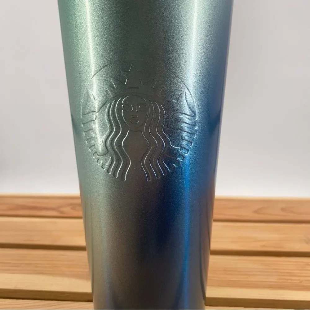 Starbucks 2021 Holiday Stainless Steel Blue & Green Ombre Tumbler 24 Oz Cold Cup
